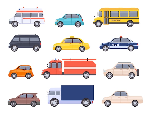 Vector city transport cars. urban car and vehicles, taxi, school bus, ambulance, fire engine, police and pickup truck. flat automobile vector set. isolated public cars for first aid transportation