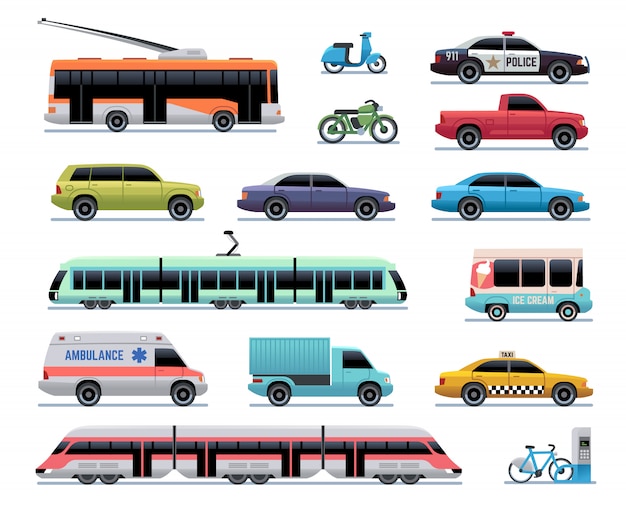 都市交通。漫画の車、バス、トラック、路面電車。電車、トロリーバス、スクーター。都市車両輸送コレクション