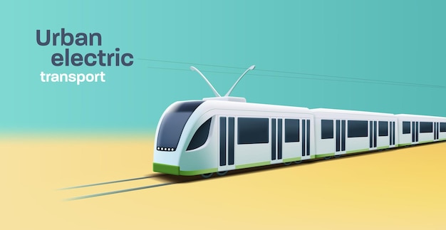 City transport Modern Tram or train 3d illustration on the rails urban public transport banner