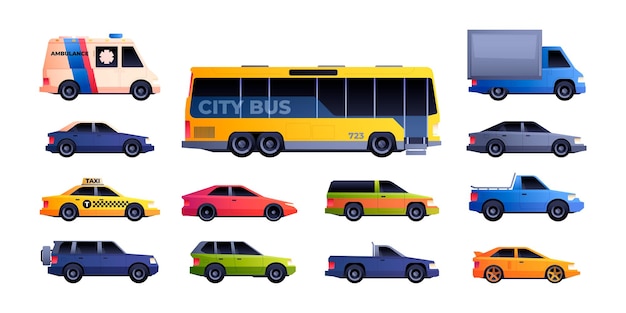 Vettore set di trasporto urbano diversi modelli di automobili veicoli urbani colorati taxi bus van automobili di emergenza stile cartoon piatto raccolta isolata vettoriale
