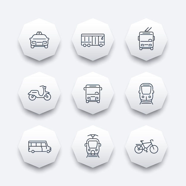 City transport, tram, train, bus, bike, taxi, trolleybus, line octagon icons, vector illustration