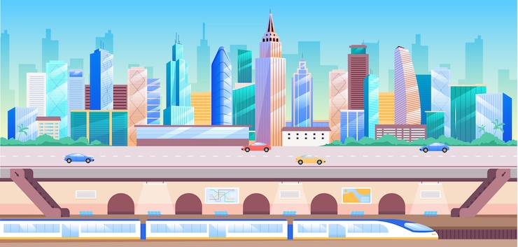 Vector city transportation flat color illustration