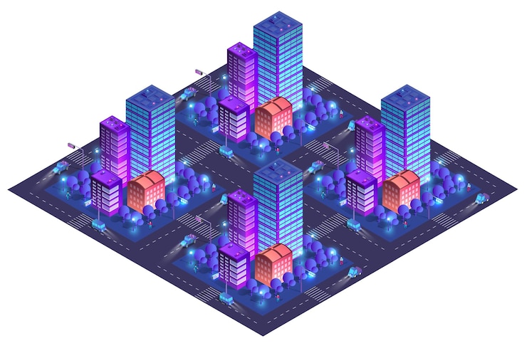 Vector city urban area map isometric night lights ultraviolet 3d illustration