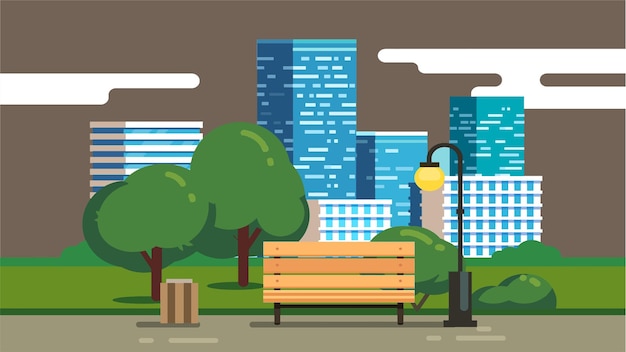 都市庭園と都市スカイラインの平らなイラスト