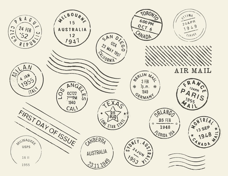 Vector city vintage postage and postal ink stamps