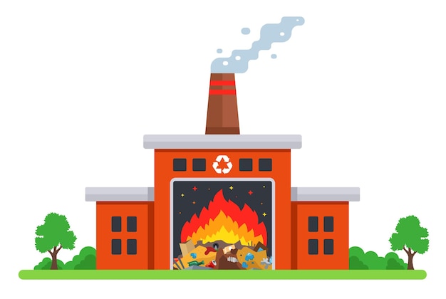 City waste incineration plant. harmful emissions into the atmosphere. flat vector illustration.