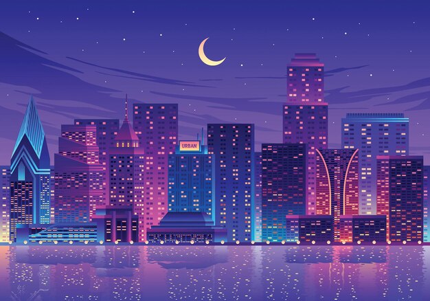 Vector city water reflection landscape illustration