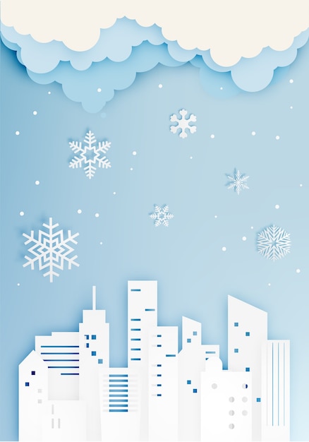 City in winter season with paper art style vector illustration