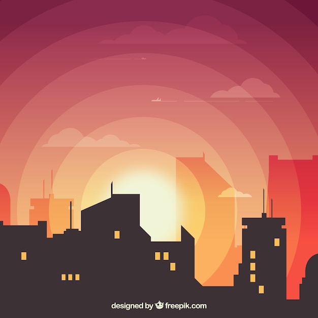 Vector city with sunset light