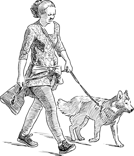 A city woman walks with her dog