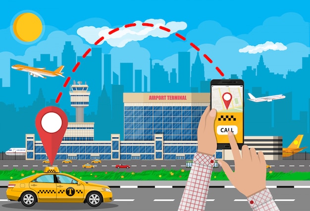 Cityscape and airport with cab, phone taxi app