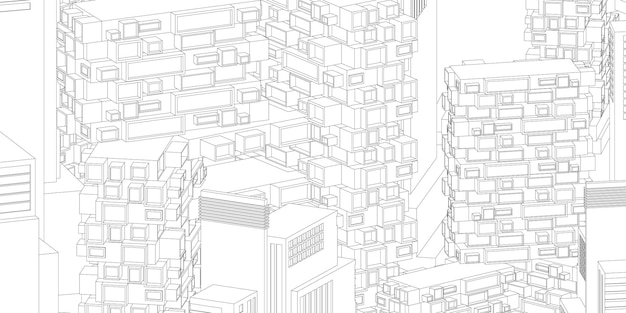 Перспектива здания городского пейзажа, современное здание в горизонте города, силуэт города, небоскребы города, бизнес-центр, векторные иллюстрации в плоском дизайне.