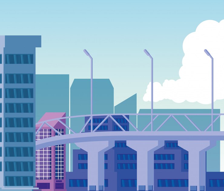 Vector cityscape buildings scene day with bridge