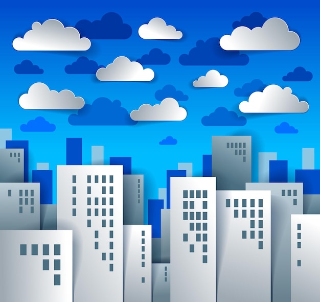 Vector cityscape cartoon vector illustration in paper cut kids application style, high city buildings real property houses and clouds in the sky.