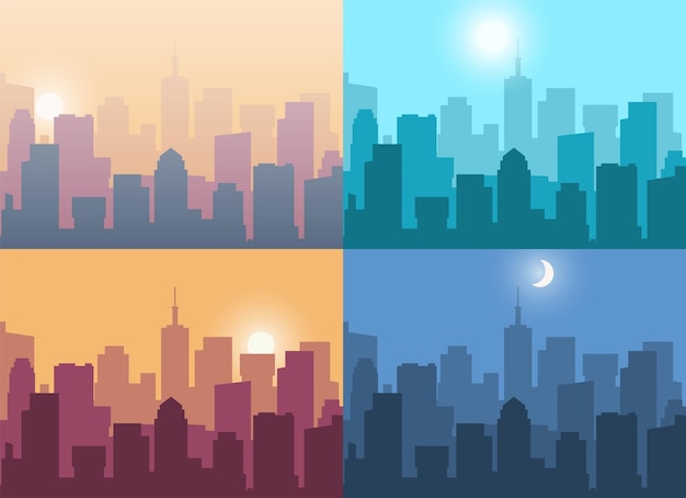 Vector cityscape city view at night or at sunrise and sunset landscape with high buildings urban panorama in morning or evening and at afternoon business downtown vector illustration