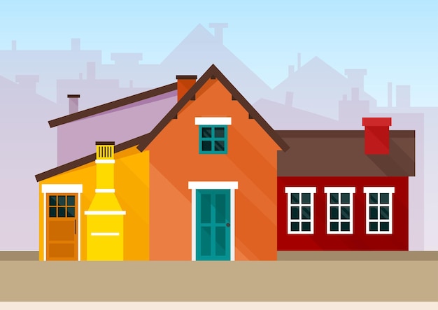 Vector cityscape of colorful bright yellow, red and orange houses in scandinavian style