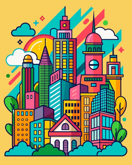 Vector cityscape colorful buildings doodles clipart vector