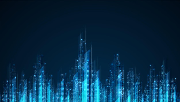 Vector cityscape on dark blue background with bright glowing neon. technology city background