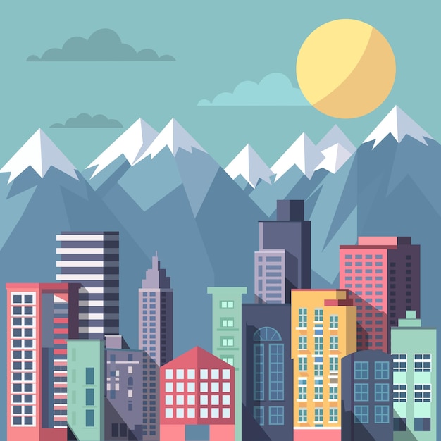 Cityscape huisgebouw met mountain landscape flat design illustratie