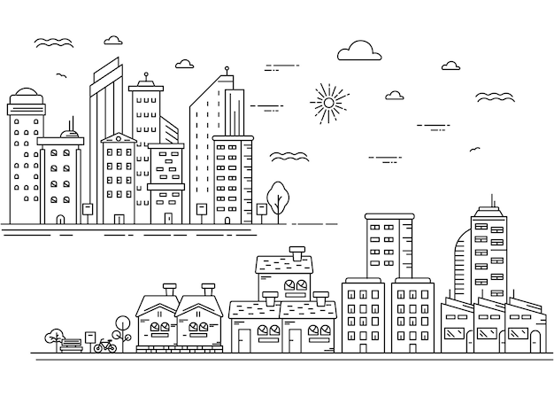 Vector cityscape illustration in line style concept