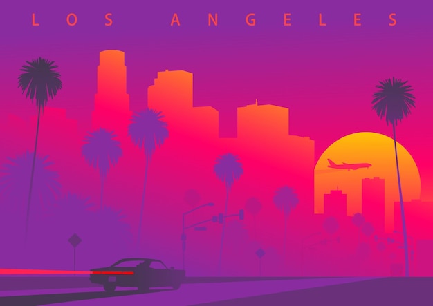 Vettore paesaggio urbano di los angeles durante il tramonto con l'enorme sole un'auto sta guidando verso il centro di los angeles illustrazione vettoriale colorata immagine originale non derivata