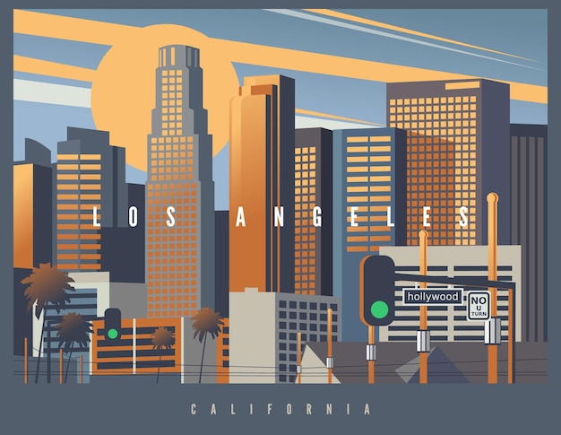 Cityscape of Los Angeles during the golden hour vector illustration Stylized skyline USA