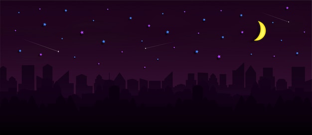 Vector cityscape met groep wolkenkrabbers in de nacht.