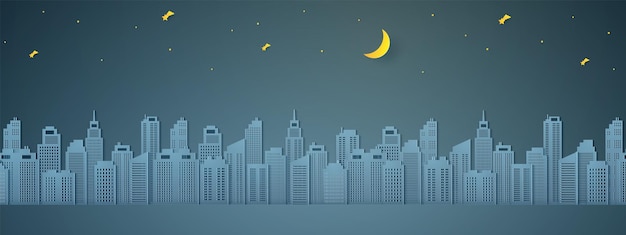 Cityscape at night, building with half moon and star, paper art style