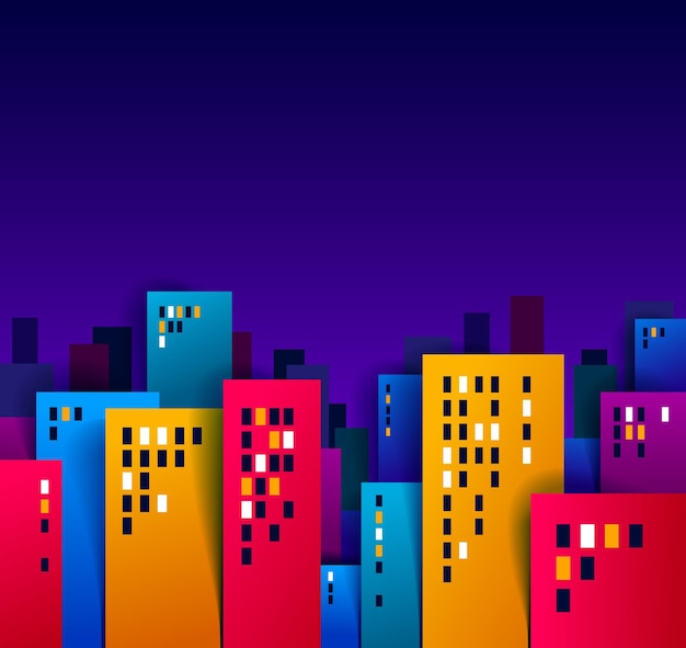 Vector cityscape in the night cartoon vector illustration in paper cut kids application style, high city buildings real property houses midnight time.