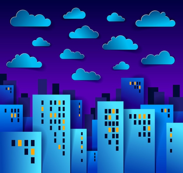 Paesaggio urbano di notte con nuvole nel cielo fumetto illustrazione vettoriale in stile di applicazione per bambini tagliata su carta, edifici di alta città, case di proprietà immobiliari, ora di mezzanotte.
