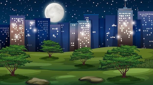 Paesaggio urbano di notte con parco in primo piano