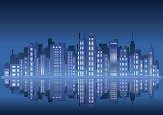 Cityscape At Night With Skyscrapers Reflected In The Water. Vector Illustration.