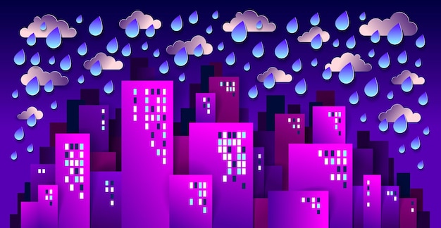 Cityscape under rain in the night cartoon vector illustration in paper cut kids application style, high city buildings real property houses and cloudy rainy sky midnight.