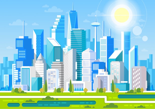 Cityscape with buildings. Private houses parks and mountains.Office center illustration