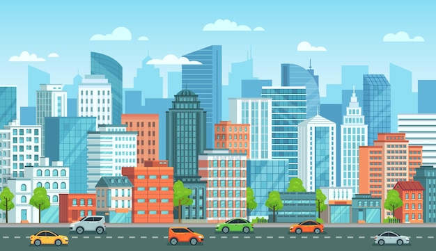 Cityscape with cars. City street with road, town buildings and urban car cartoon illustration.