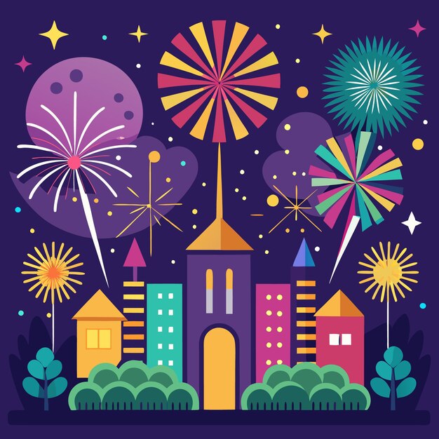 a cityscape with fireworks exploding over the buildings creating a festive and celebratory atmosphere