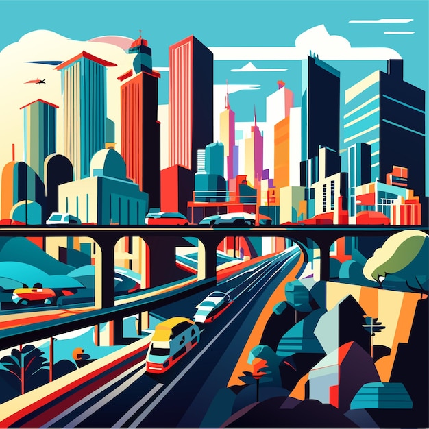 Vector cityscape with highway road and town