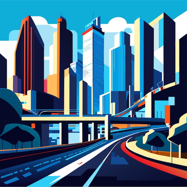 Vector cityscape with highway road and town