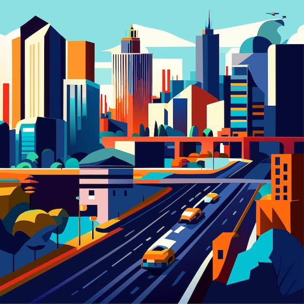 Vector cityscape with highway road and town