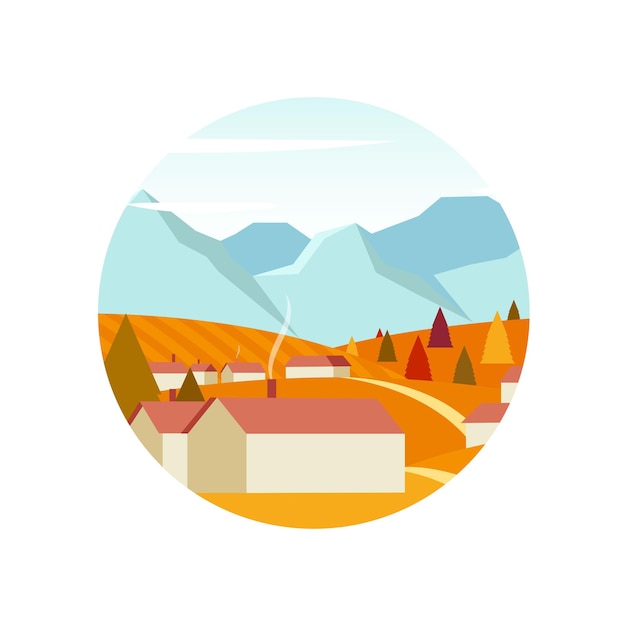 Cityscape with houses, mountains and trees. Autumn village and mountains in circle shape