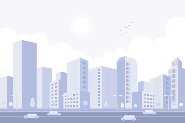 Vector 城市風景,有淡藍天和雲彩 現代城市摩天大,城市風景建築和一條路