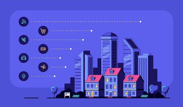 Vector cityscape with modern residential houses and icons.