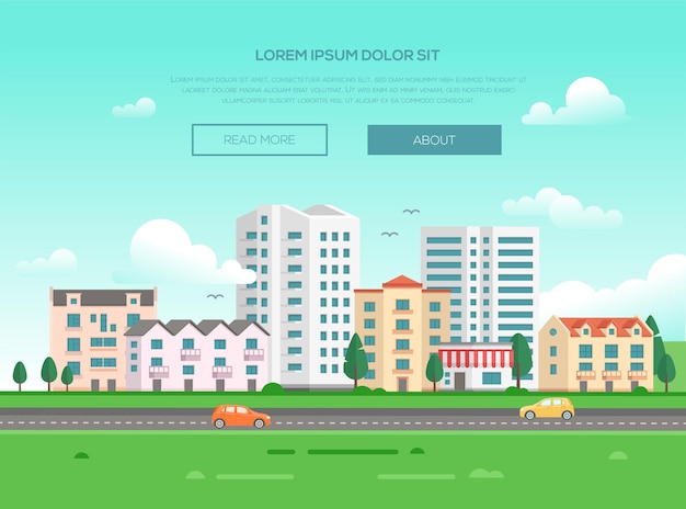 Cityscape with a road - modern vector illustration with place for text. nice town or city with skyscrapers and small low storey buildings and houses, trees, green grass, cars, birds in the sky