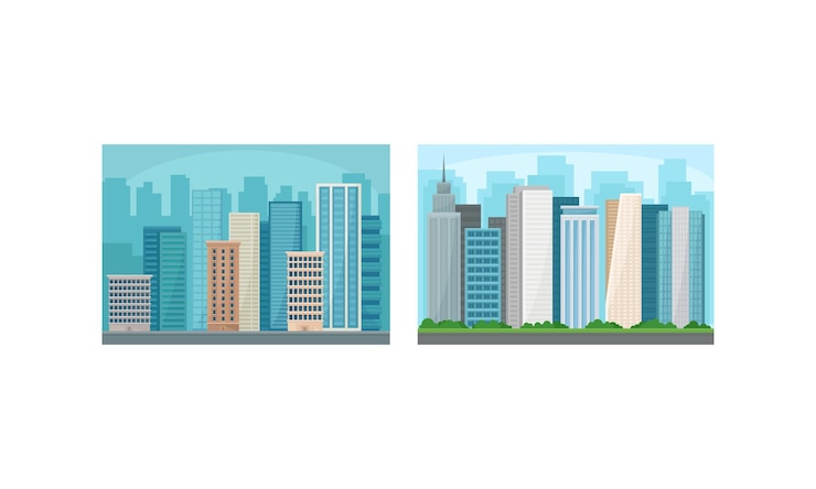 Vector cityscape with skyscrapers and urban building as horizontal town landscape vector set