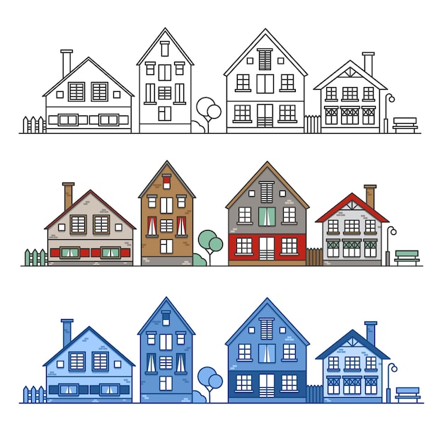 さまざまな列のヨーロッパの家のある街並み概要と色付きのイラスト古い建物 プレミアムベクター