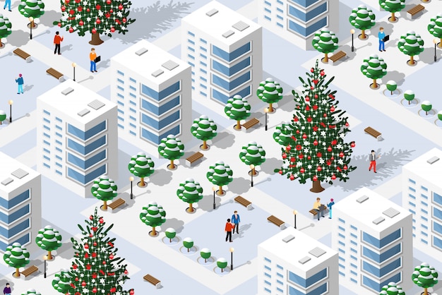 Vector ciudad isométrica en navidad