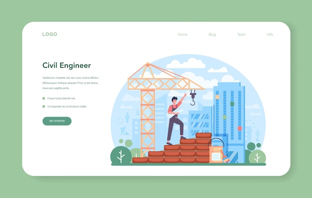 벡터 토목 엔지니어 웹 배너 또는 방문 페이지. 주택 및 구조물을 설계하고 건축하는 전문 직업. 건축은 현대 건축 기술을 사용합니다. 평면 벡터 일러스트 레이 션