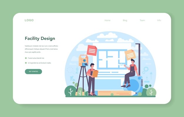 土木技師のwebバナーまたはランディングページ。家や構造物の設計と建設の専門職。建築は現代の建築技術で機能します。フラットベクトル図