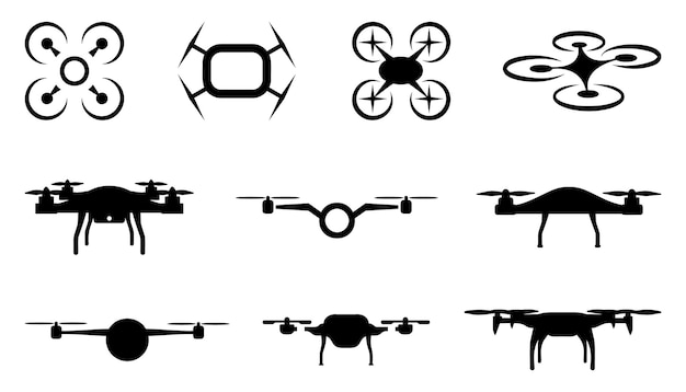 Vettore icone di droni aerei civili in nero su sfondo bianco set di silhouette di droni aerei modelli di loghi di droni volanti set di droni volanti