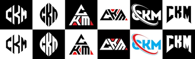 Vector ckm letter logo design in six style ckm polygon circle triangle hexagon flat and simple style with black and white color variation letter logo set in one artboard ckm minimalist and classic logo